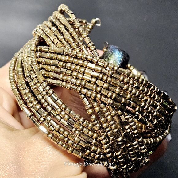 Vtg Metallic Bronze Gold Y2K 90s Striped Pretzel Memory Wire Cuff Bead Bracelet - Picture 7 of 12